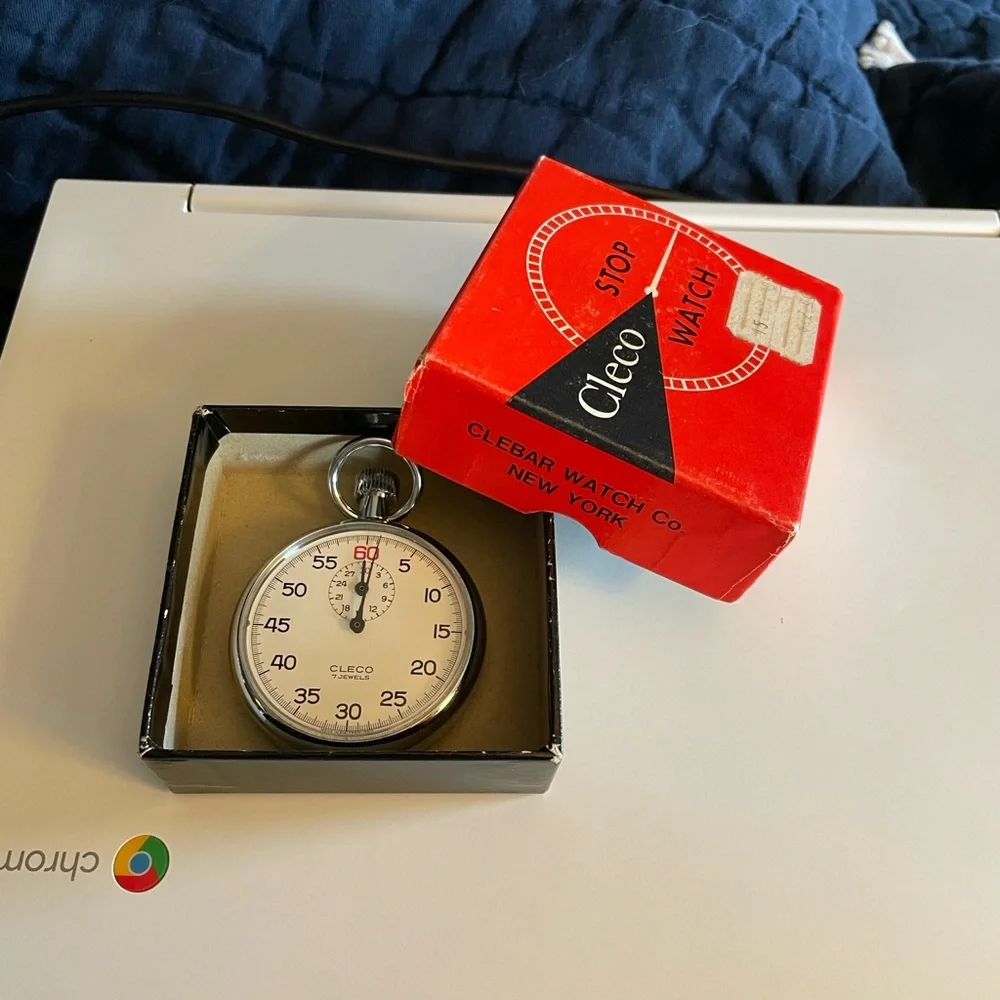 VTG Cleco Silver Stopwatch by Clebar Watch Co New York in original box.